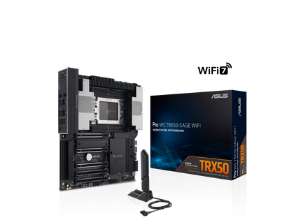 ASUS Pro WS TRX50-SAGE WIFI CEB Workstation motherboard, AMD Ryzen™ Threadripper™ PRO 7000 WX-Series Processors,ECC R-DIMM DDR5, 36 power-stage, WiFi 7,PCIe 5.0 x 16, PCIe 5.0 M.2, 10 Gb and 2.5 Gb LAN, multi-GPU support.