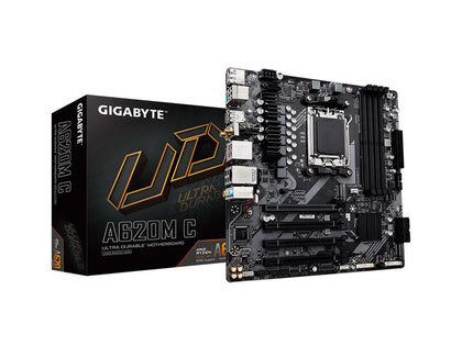 GIGABYTE A620M C AM5 LGA 1718 AMD A620 M-ATX Motherboard, DDR5, Triple M.2, PCIe 4.0, USB 3.2 Gen1 Type-C, 802.11 ac Wi-Fi, Realtek 1GbE LAN, Q-Flash Plus, PCIe EZ-Latch