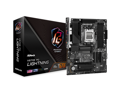 ASRock X670E PG Lightning AM5 ATX Motherboard. 4xDDR5 slots, PCIE 5.0X16, AMD Cross Fire, Quad M.2 slots, 2.5GB LAN, 7.1 HD audio, HDMI, DP 1.4 ports, USB3.2 Gen2x2 Type-C, 8 Layer PCB.