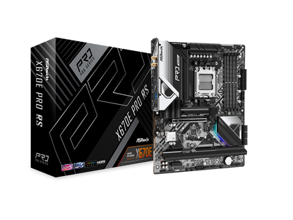 ASRock X670E PRO RS AM5 ATX Mainboard. 4xDDR5 slots, PCIE 5.0X16, AMD Cross Fire, 5xM.2 slots, 2.5GB LAN, WIFI-6E,  7.1 HD audio, HDMI 2.1, DP 1.4 ports, USB3.2 Gen2x2 Type-C, 8 Layer PCB, 14+2+1 Phase Power Design, SPS.