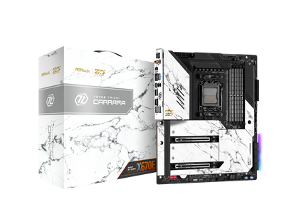 ASRock X670E Taichi Carrara AM5 EATX Mainboard. 4xDDR5 slots, 2 x PCIe 5.0 x16 Slots , AMD Cross Fire, Quad M.2 slots, 2.5GB LAN, WIFI-6E, 5,1 HD audio, HDMI 2.1, DP 1.4 ports, USB4 Type-C, 8 Layer PCB, 24+2+1 Phase Power Design, SPS.