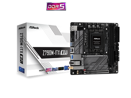 ASRock Z790M-ITX WIFI Intel LGA1700 (14th,13th,12th Gen) Mini-ITX Mainboard, 2 slots DDR5, PCIE 5.0 x16, HDMI 2.1port, Dual Lan 2.5Gb, 1Gb, Dual M.2 slots 7.1 Nahimic Audio, USB3.2 Gen2X2 Type_C, 7+1+1 Power Phase