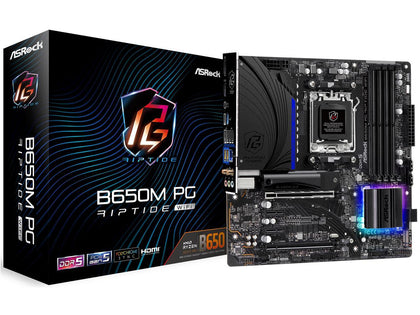 ASRock B650M PG RIPTIDE WIFI AM5 Micro-ATX Motherboard, 4 slots DDR5, 2x PCIe 4.0 x16 Slot,  Dual M.2 slots, 2.5Gb Lan, WI-FI AX,  7.1 Nahimic Audio ,  Rear  USB3.2 Gen2X2 Type_C ,  12+2+1 Power Phase