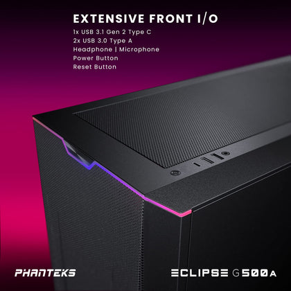 Phanteks Eclipse G500A D-RGB Fanless Edition, High Performance Mid-Tower Case, Mesh Front Panel, Integrated D/A-RGB Lighting, Tempered Glass Window, Black