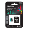 ADATA 512GB Premier Pro microSDXC UHS-I U3 / Class 10 V30 A2 Memory Card with SD Adapter, Speed Up to 100MB/s (AUSDX512GUI3V30SA2-RA1)