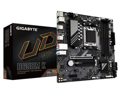 GIGABYTE B650M K AM5 LGA 1718 AMD B650 M-ATX Motherboard, DDR5, 2x PCIe 4.0 M.2, PCIe 4.0, USB 3.2 Gen2 Type-C, 2.5GbE LAN