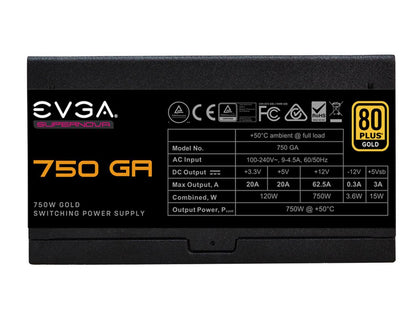 EVGA SuperNOVA 750 GA, 80 Plus Gold 750W, Fully Modular, Eco Mode, 10 Year Warranty, Includes Power ON Self Tester, Compact 150mm Size, Power Supply 220-GA-0750-X1