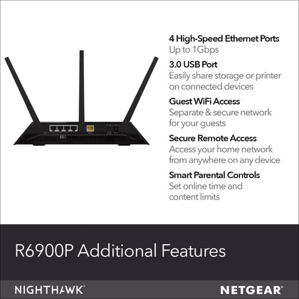 NETGEAR Nighthawk Smart Wi-Fi Router (R6900P) - AC1900 Wireless Speed (Up to 1900 Mbps), Up to 1800 Sq Ft Coverage & 30 Devices, 4 x 1G Ethernet and 1 x 3.0 USB Ports, Armor Security