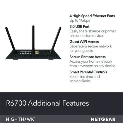 NETGEAR Nighthawk Smart Wi-Fi Router, R6700 - AC1750 Wireless Speed Up to 1750 Mbps | Up to 1500 Sq Ft Coverage & 25 Devices | 4 x 1G Ethernet and 1 x 3.0 USB Ports | Armor Security