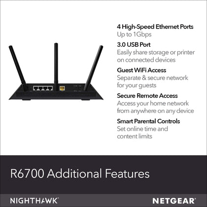 NETGEAR R6700 Nighthawk AC1750 Dual Band Smart WiFi Router, Gigabit Ethernet (R6700) (Renewed)