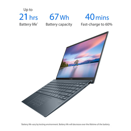 ASUS ZenBook 14 Ultra-Slim Laptop 14” Full HD NanoEdge Display, Intel Core i5-1135G7, 8GB RAM, 512GB PCIe SSD, NumberPad, Thunderbolt 4, Windows 10 Home, AI noise-cancellation, Pine Grey, UX425EA-EH51